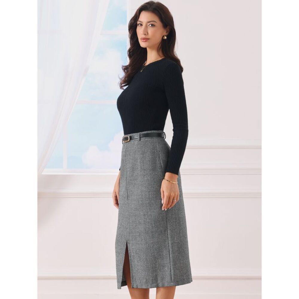 Women's Midi Pencil Skirt Fall Winter Slit Office Skirts with Belt Black White - Picture 4 of 5